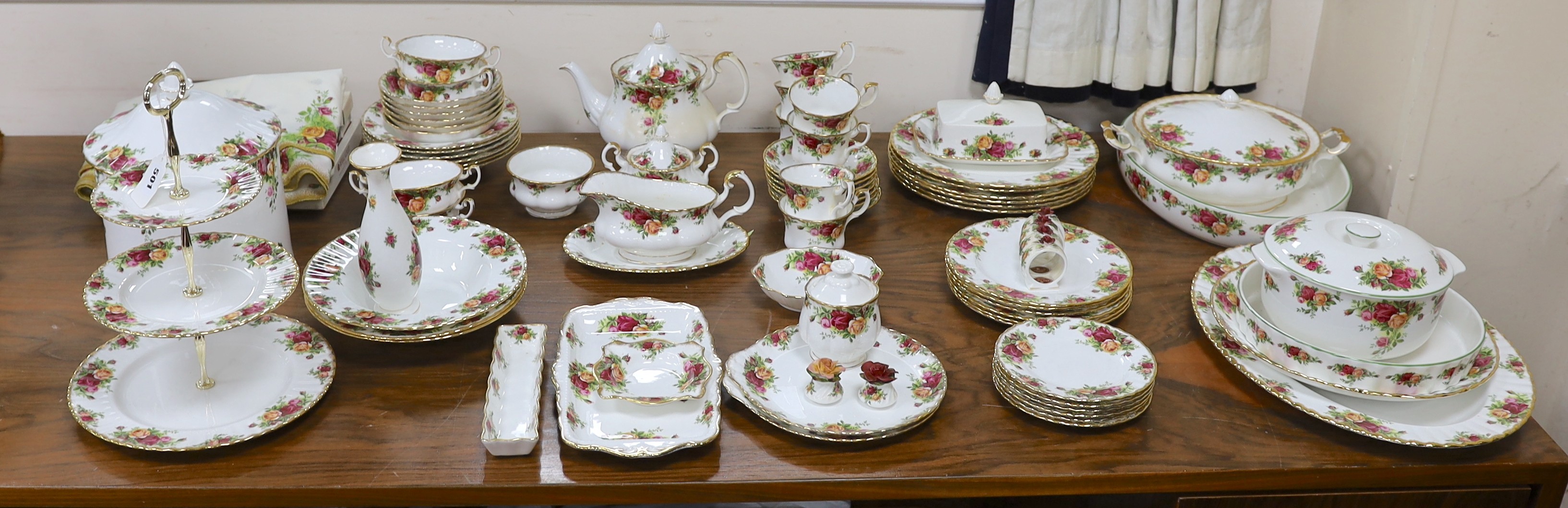 Royal Albert Old Country Rose dinner and tea service, to include a large biscuit box three tier cake stand etc